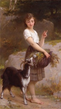jeune fille avec chèvre et fleurs Emile Munier enfants animaux Peinture à l'huile